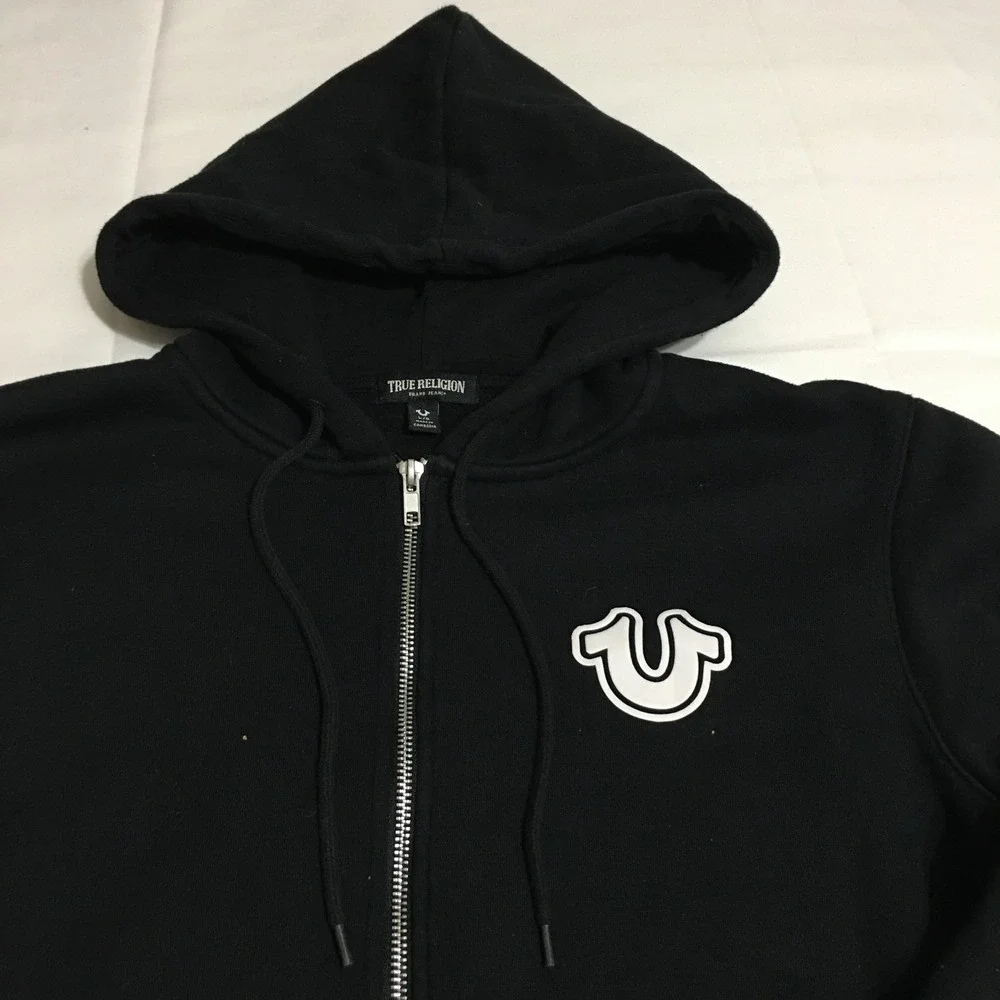 True Religion Mens Large Black Hoodie Full Zip Sweatshirt Black